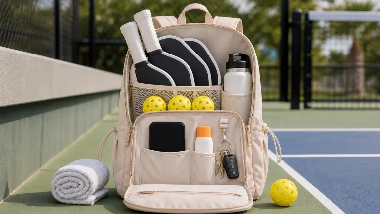 Summer pickleball bag packed with paddles balls bottle towel and sunscreen