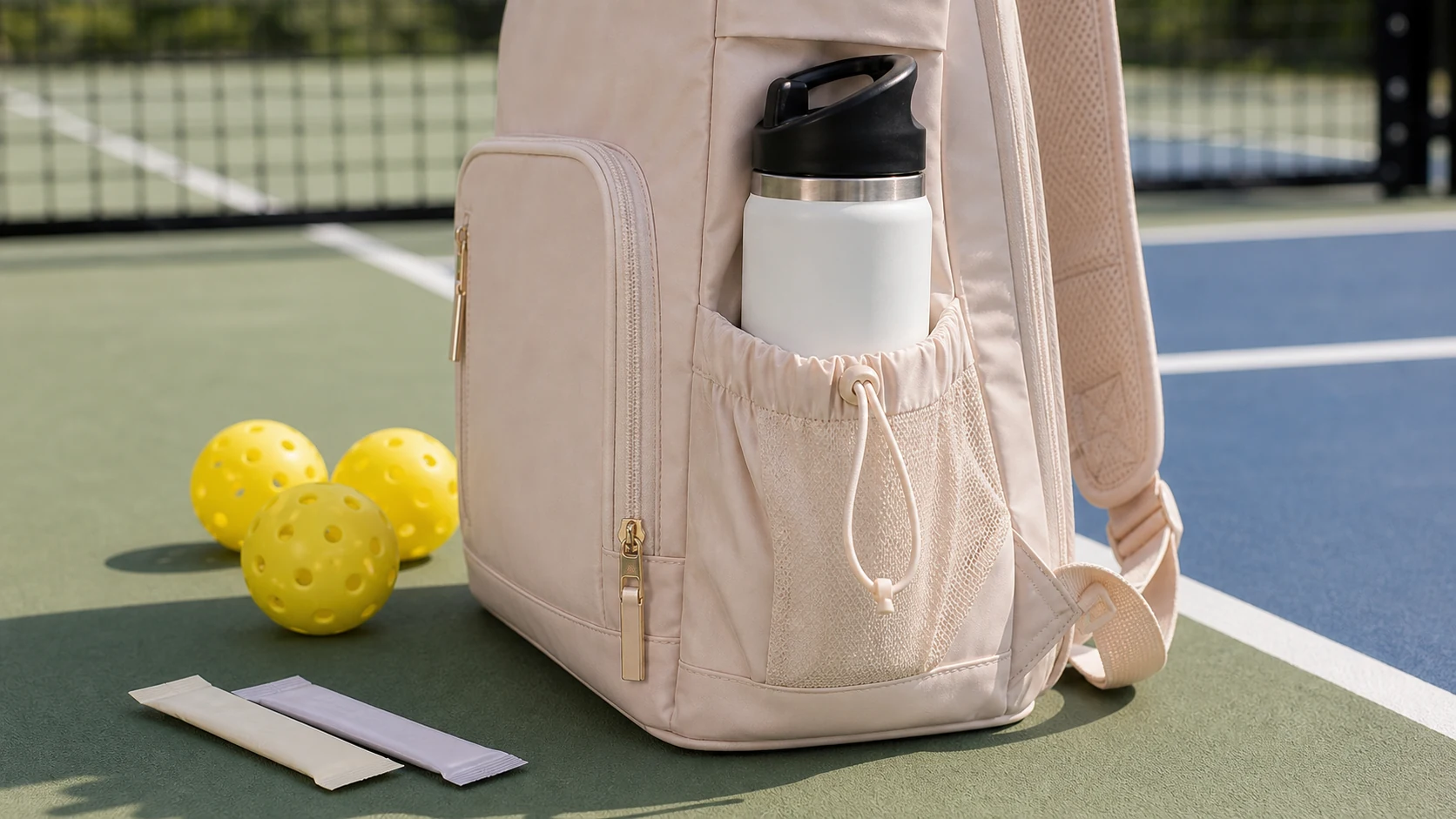 Pickleball bag hydration pocket with bottle and electrolyte packets