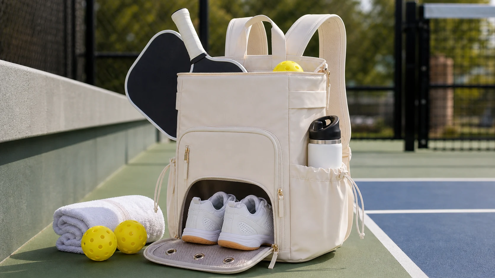 Summer pickleball bag shoe compartment with court shoes