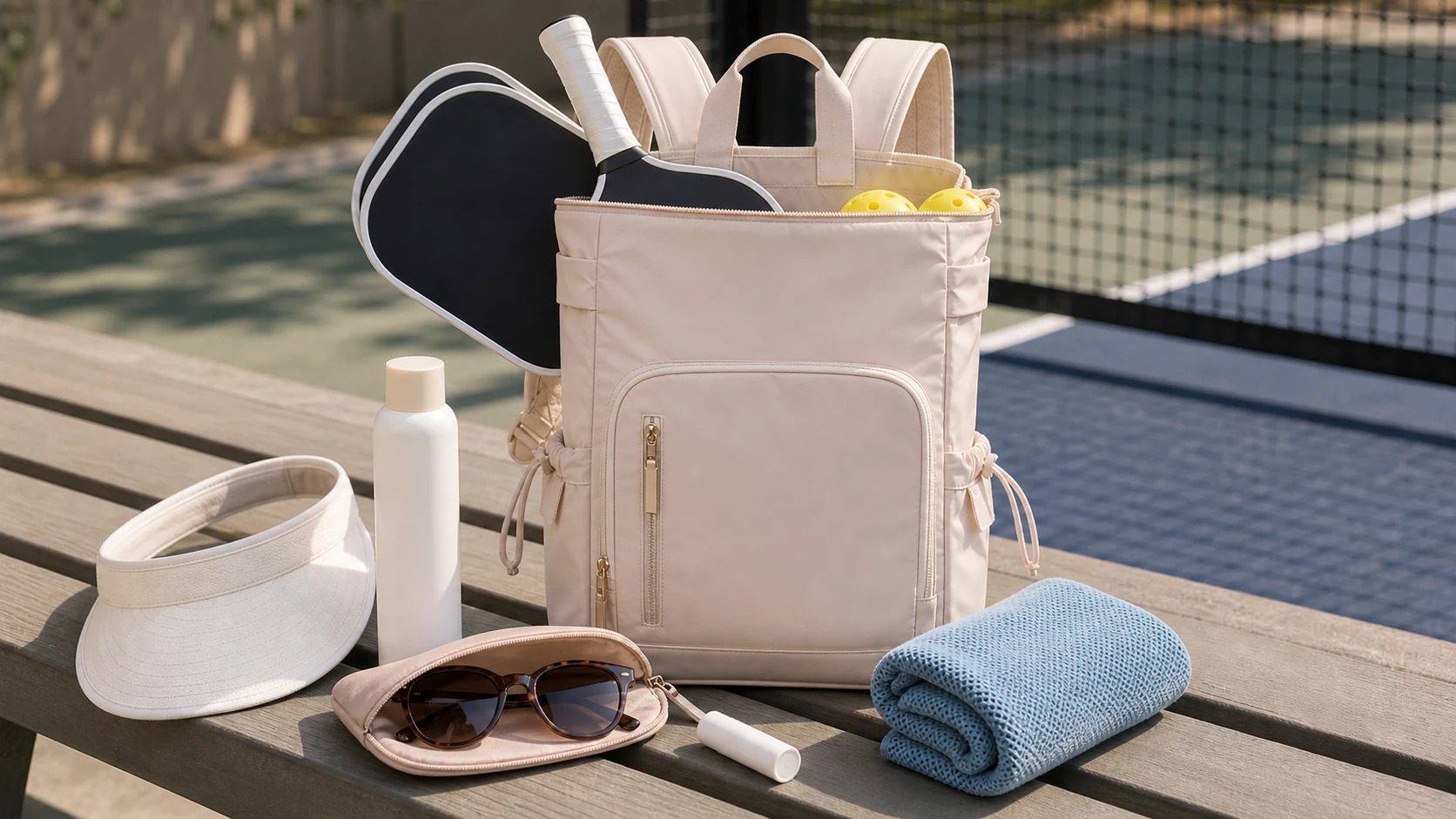 Summer pickleball bag with sunscreen sunglasses and cooling towel