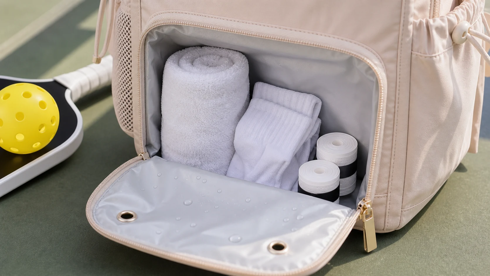Pickleball bag wet pocket with towel socks and grip tape