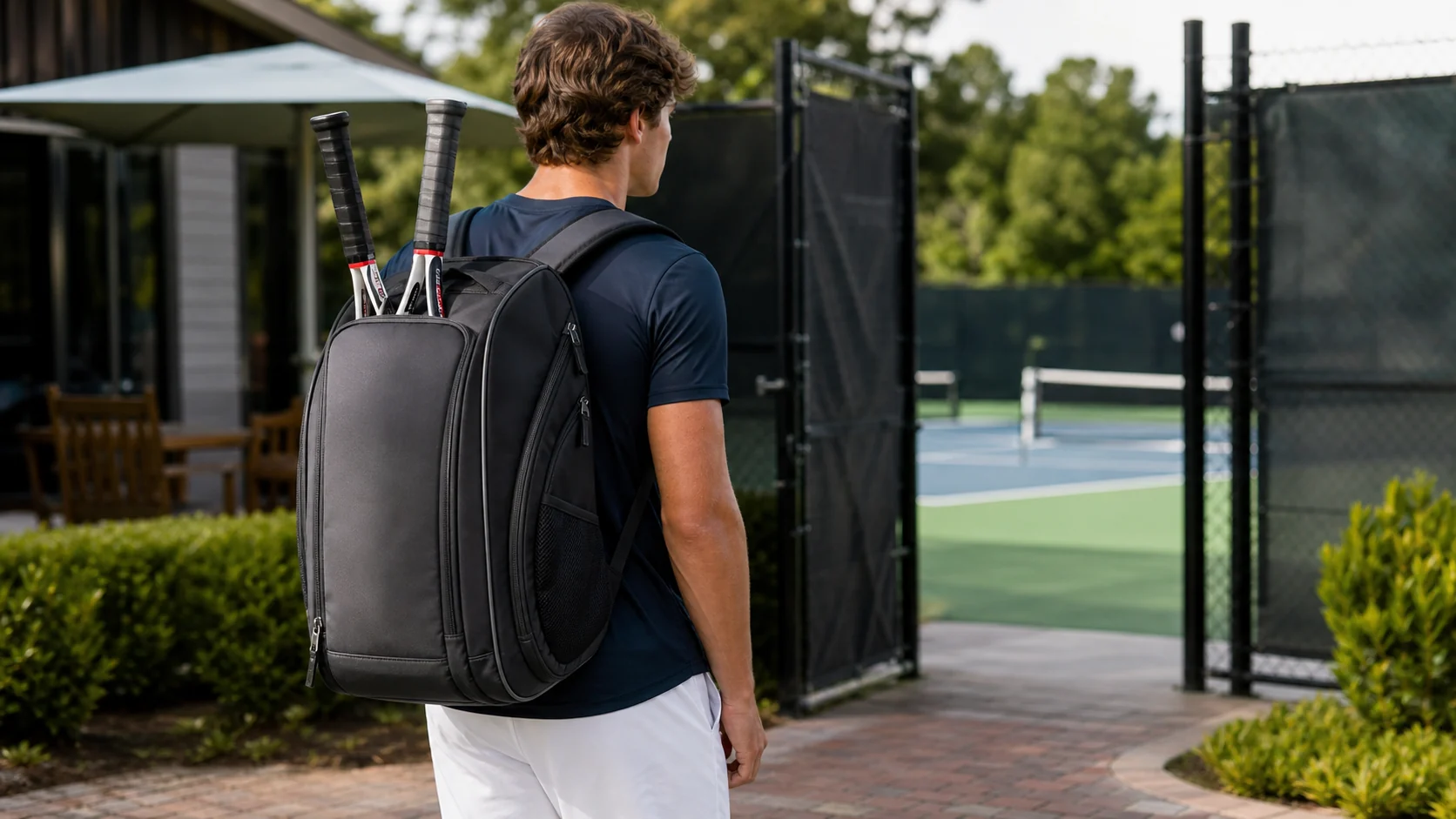 Tennis backpack worn with two shoulder straps for court use