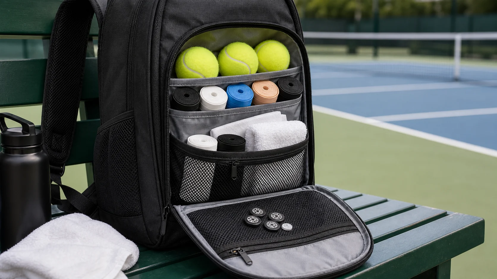Tennis bag accessory pocket packed with tennis balls grips and dampeners