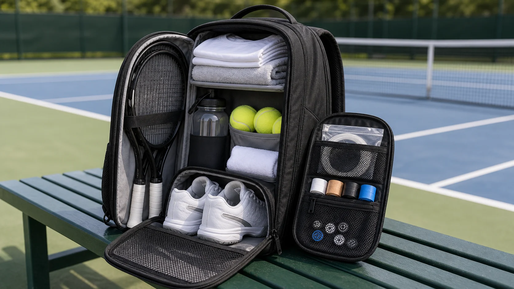 Tennis bag capacity check with rackets shoes towel and bottle