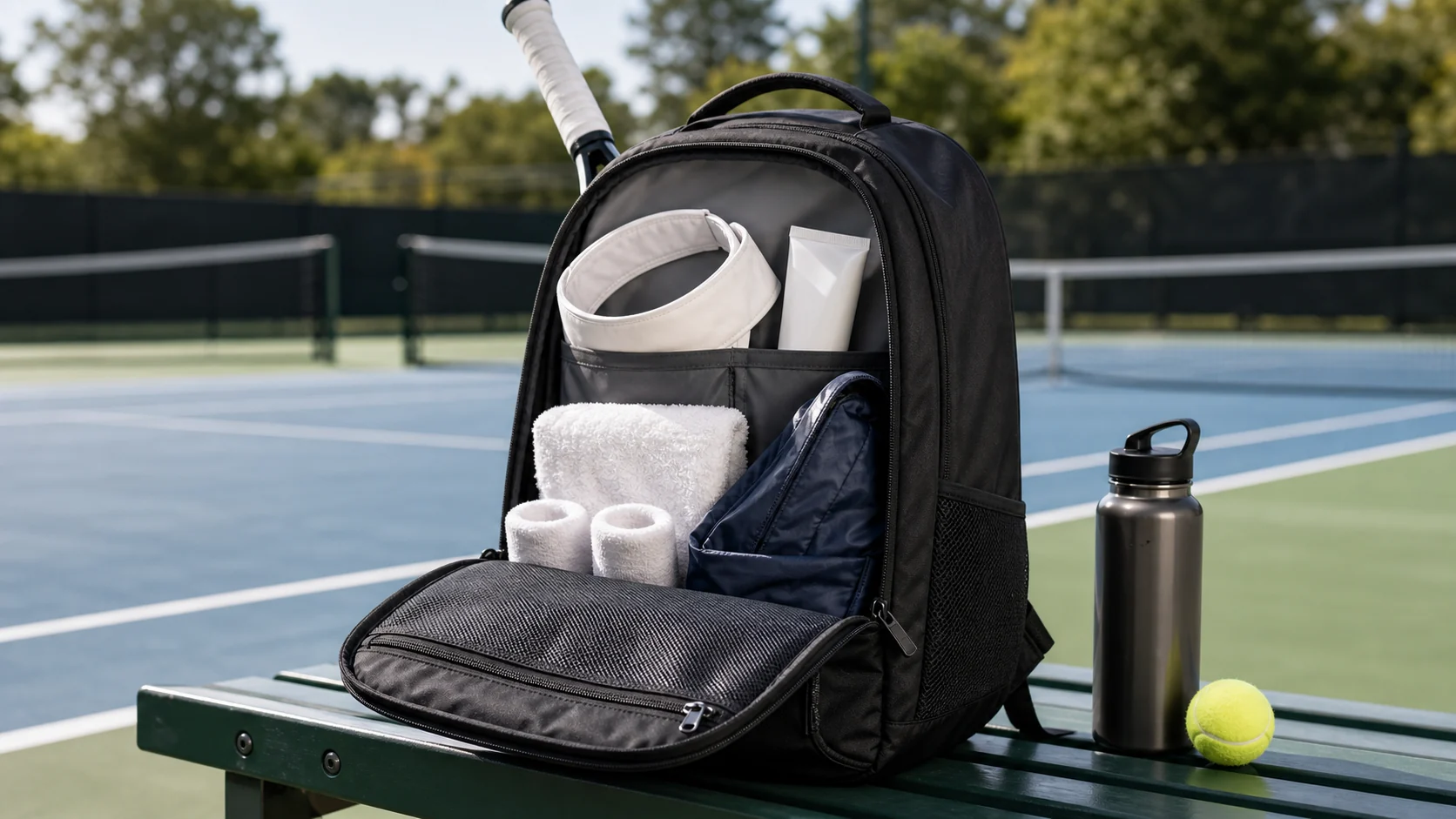 Tennis bag packed with towel wristbands hat and sunscreen for court comfort