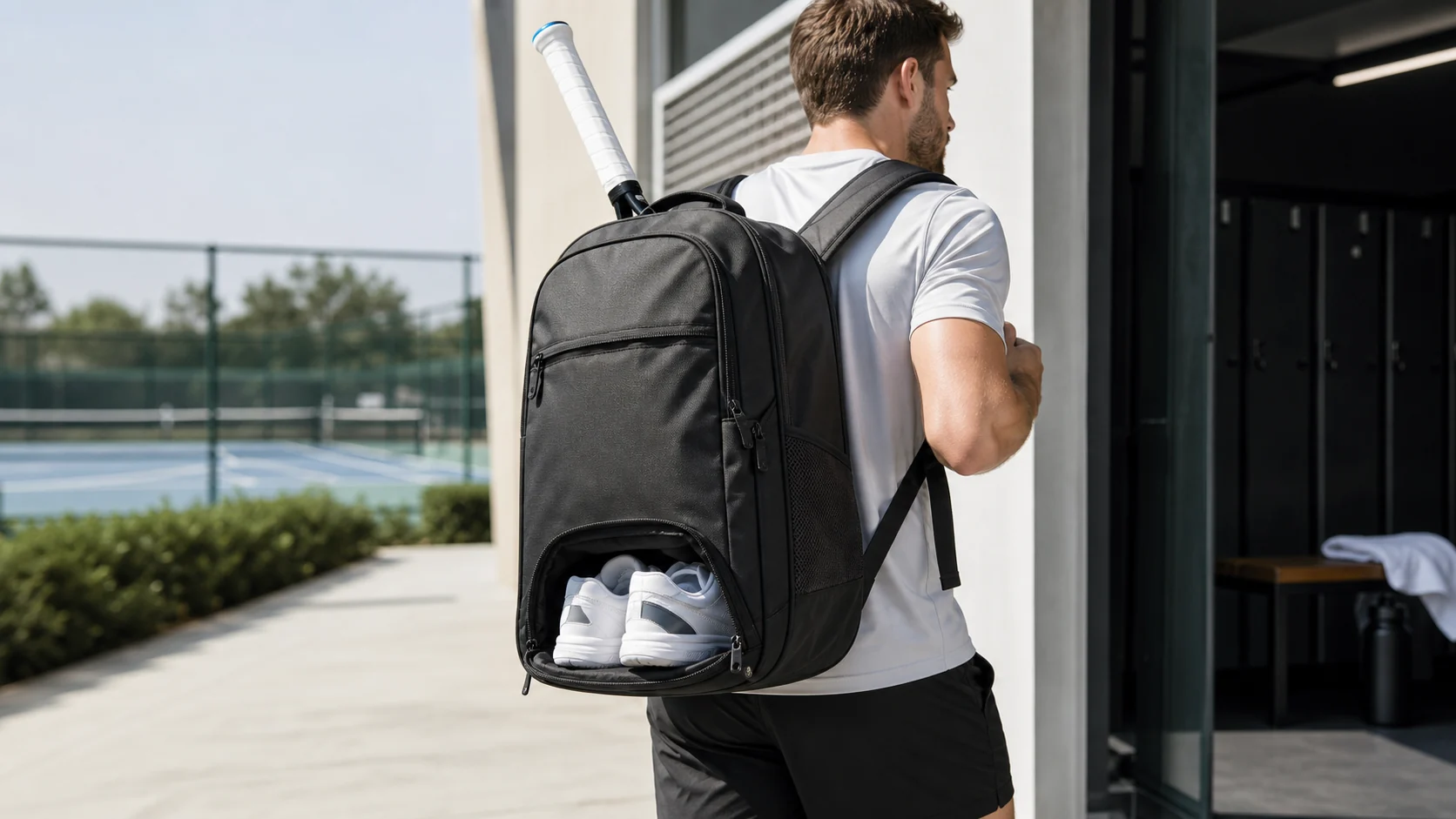 Tennis bag with shoe pocket worn from court to gym