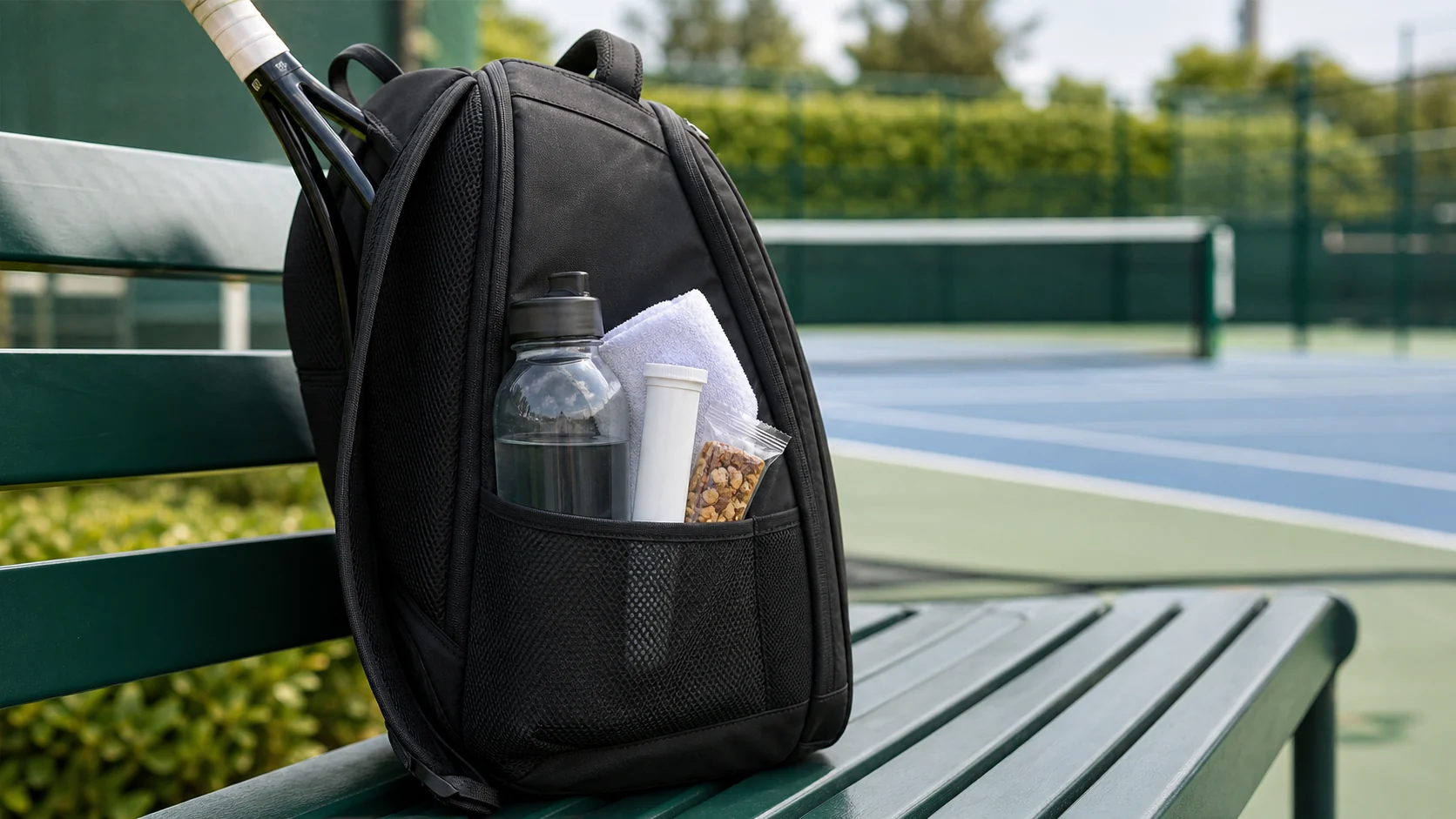 Tennis bag side pocket with water bottle and energy snacks for court use