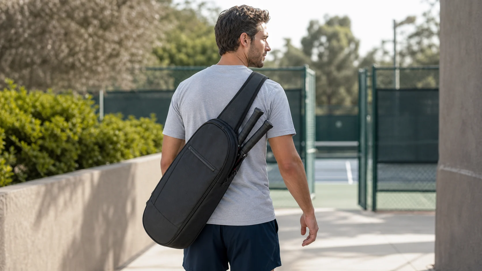 Tennis racket bag worn across one shoulder near court entrance