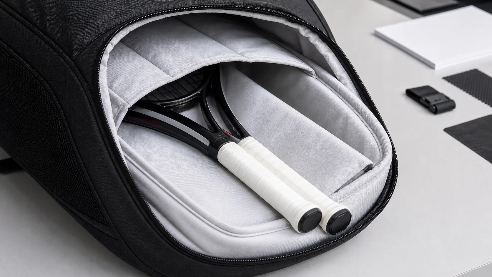 Tennis bag padded racket sleeve packed before other court gear