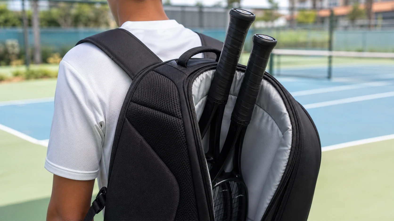 Tennis bag worn with padded racket compartment and stable handles