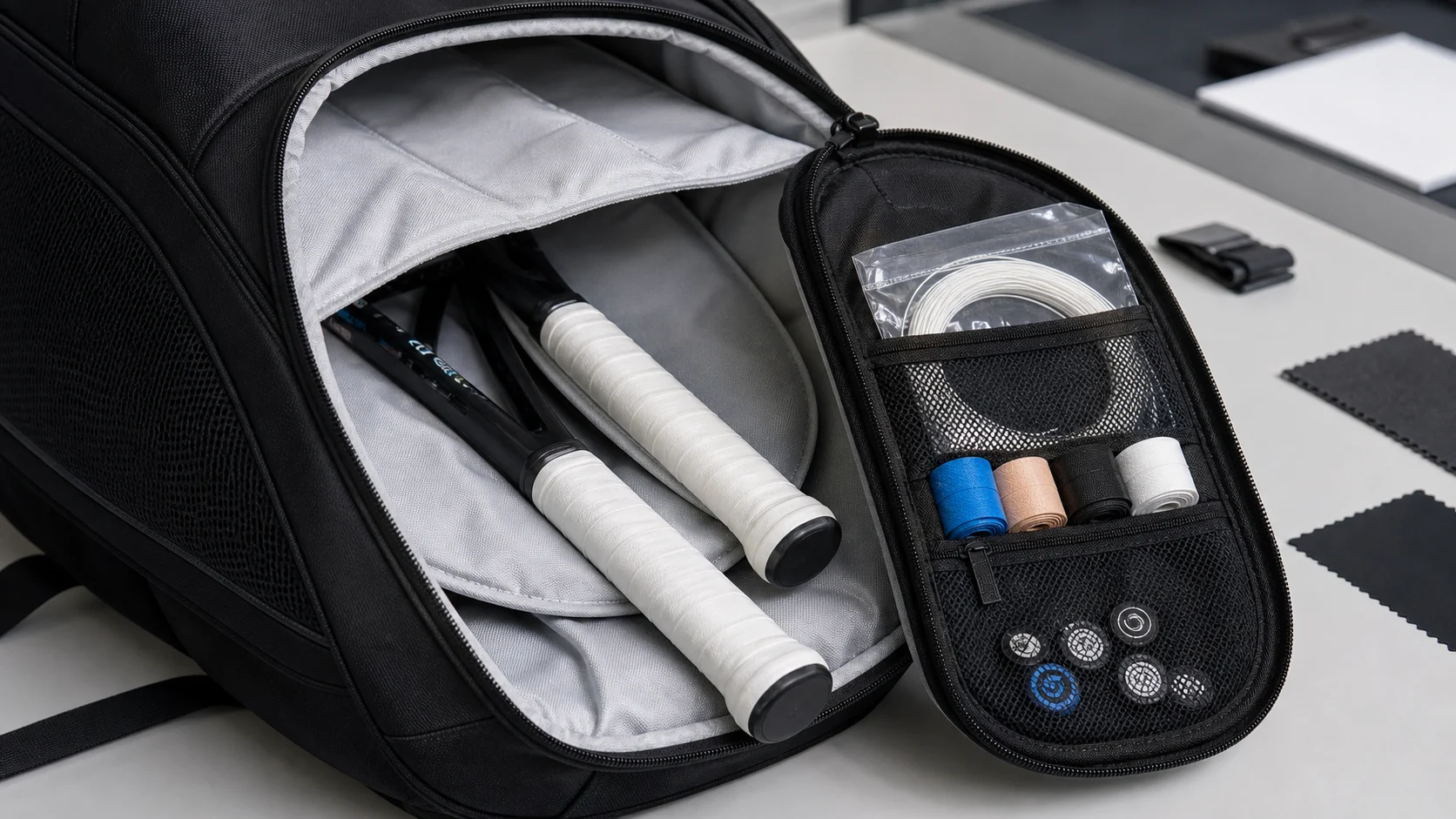 Tennis bag racket compartment with padded sleeve and spare grip accessories
