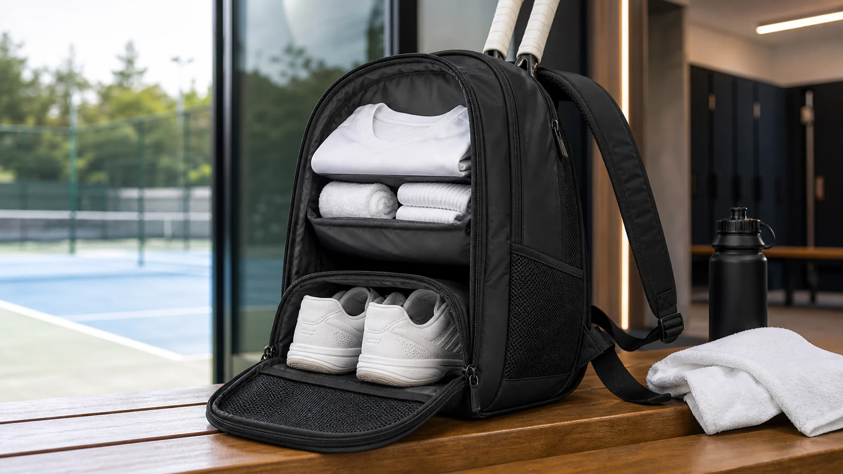 Tennis bag with separated shoe compartment and clean clothing storage