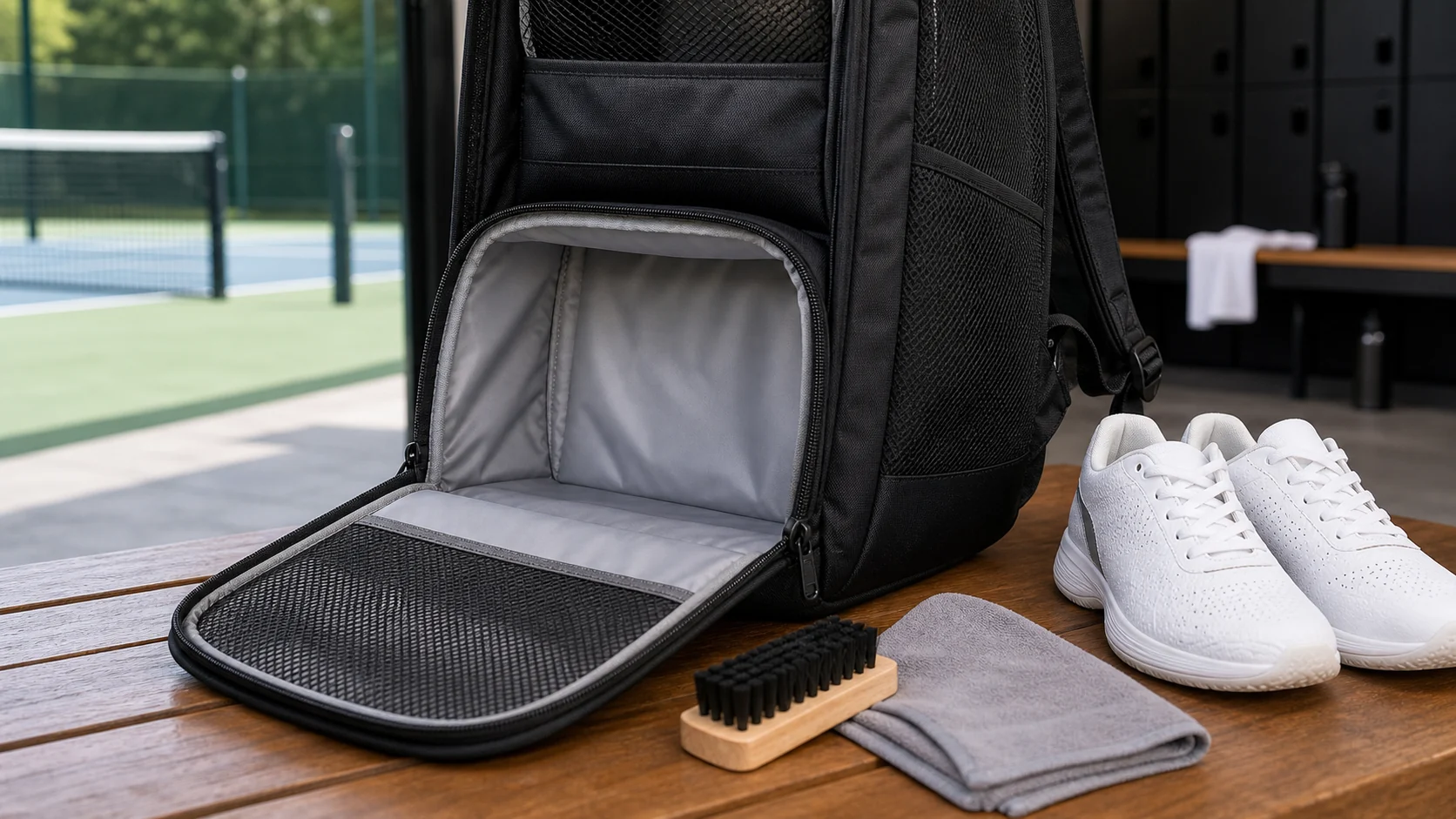 Tennis bag shoe compartment cleaned with brush and wipe-clean lining