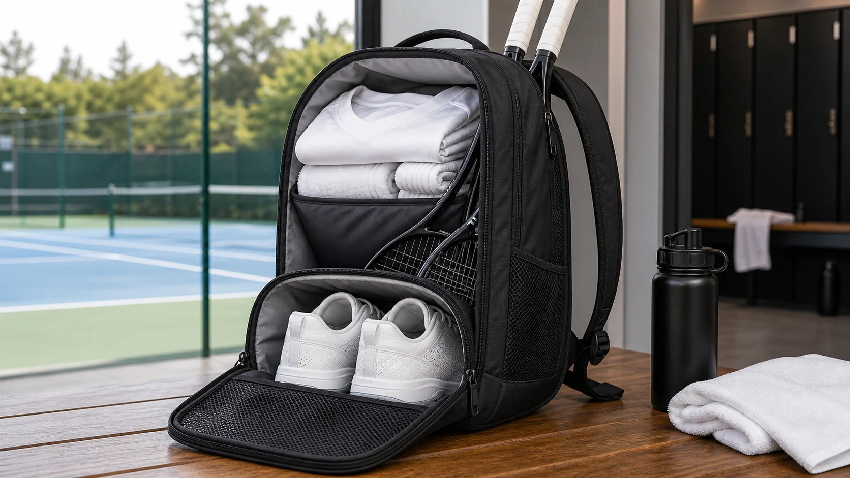 Tennis bag packed with shoes and clean clothing in separated compartments