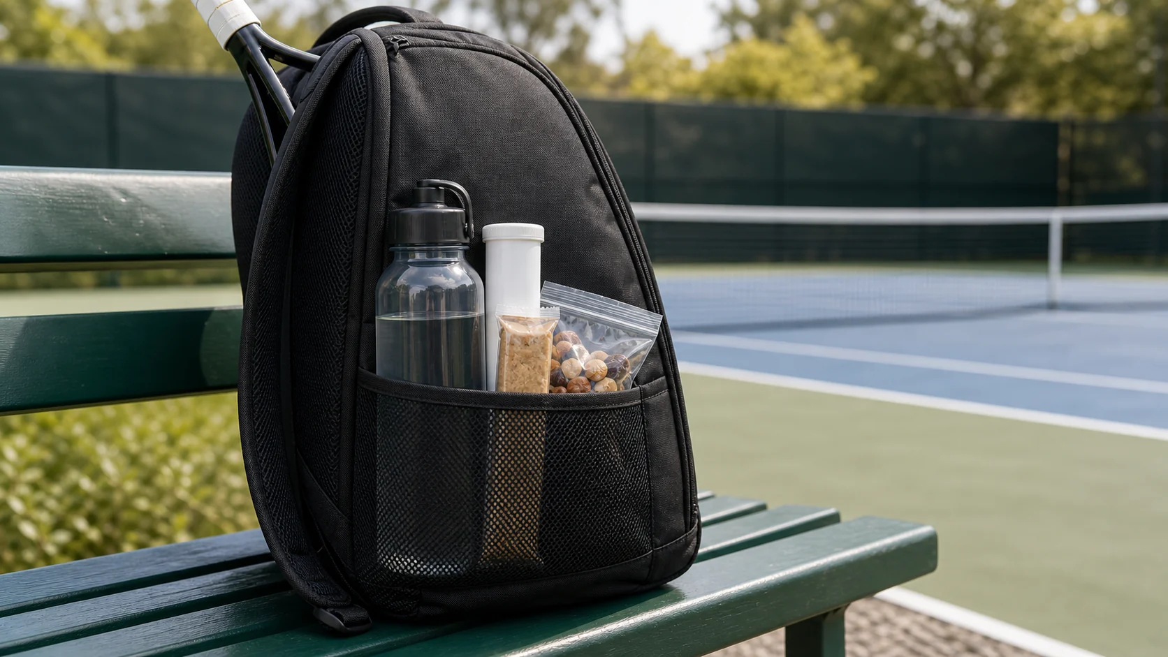 Tennis bag side pocket packed with water bottle and court snacks
