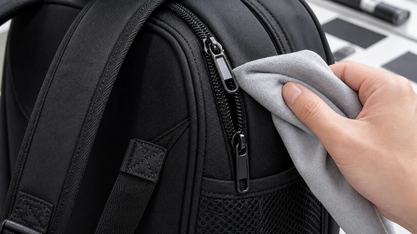 Tennis bag zipper teeth and padded strap cleaning close-up