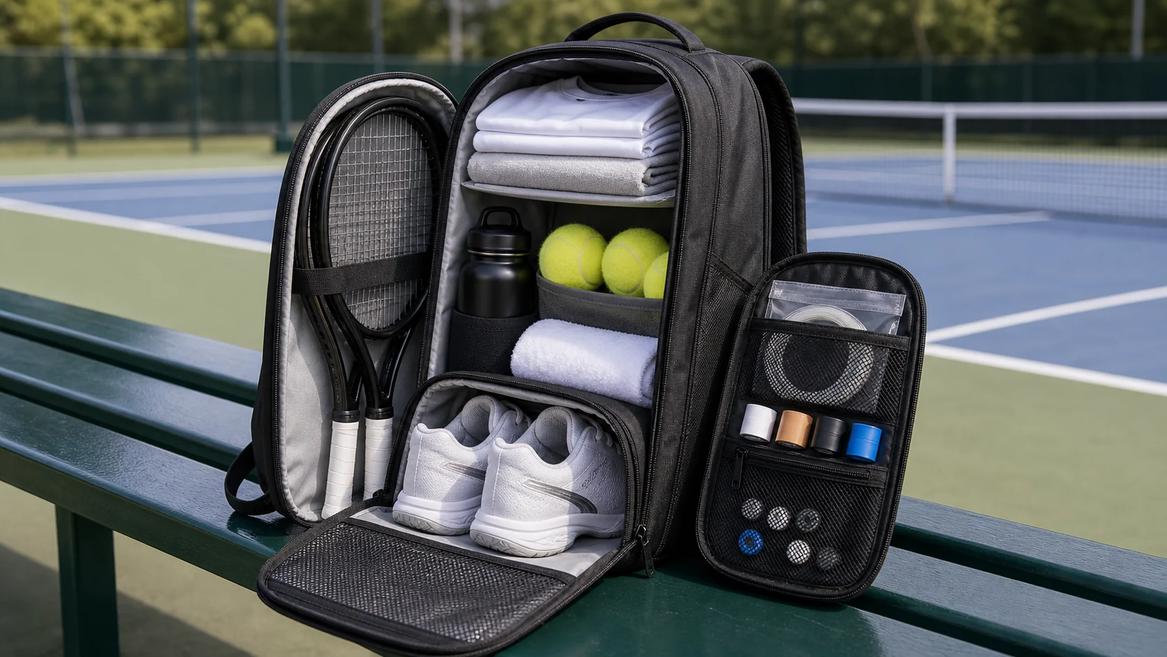 Tennis racket bag capacity check with rackets shoes towel and bottle