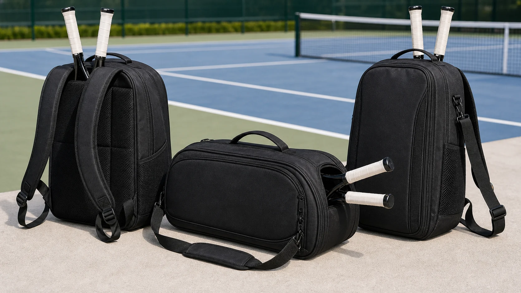Tennis racket bag carry style with backpack straps and shoulder handle