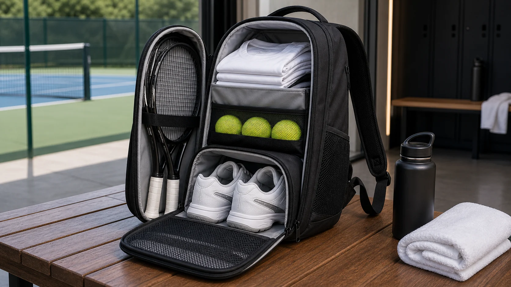 Tennis racket bag shoe compartment with ventilated clean-dirty separation
