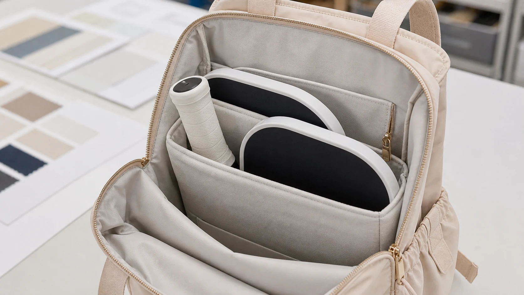 Padded paddle sleeve inside a women's pickleball bag