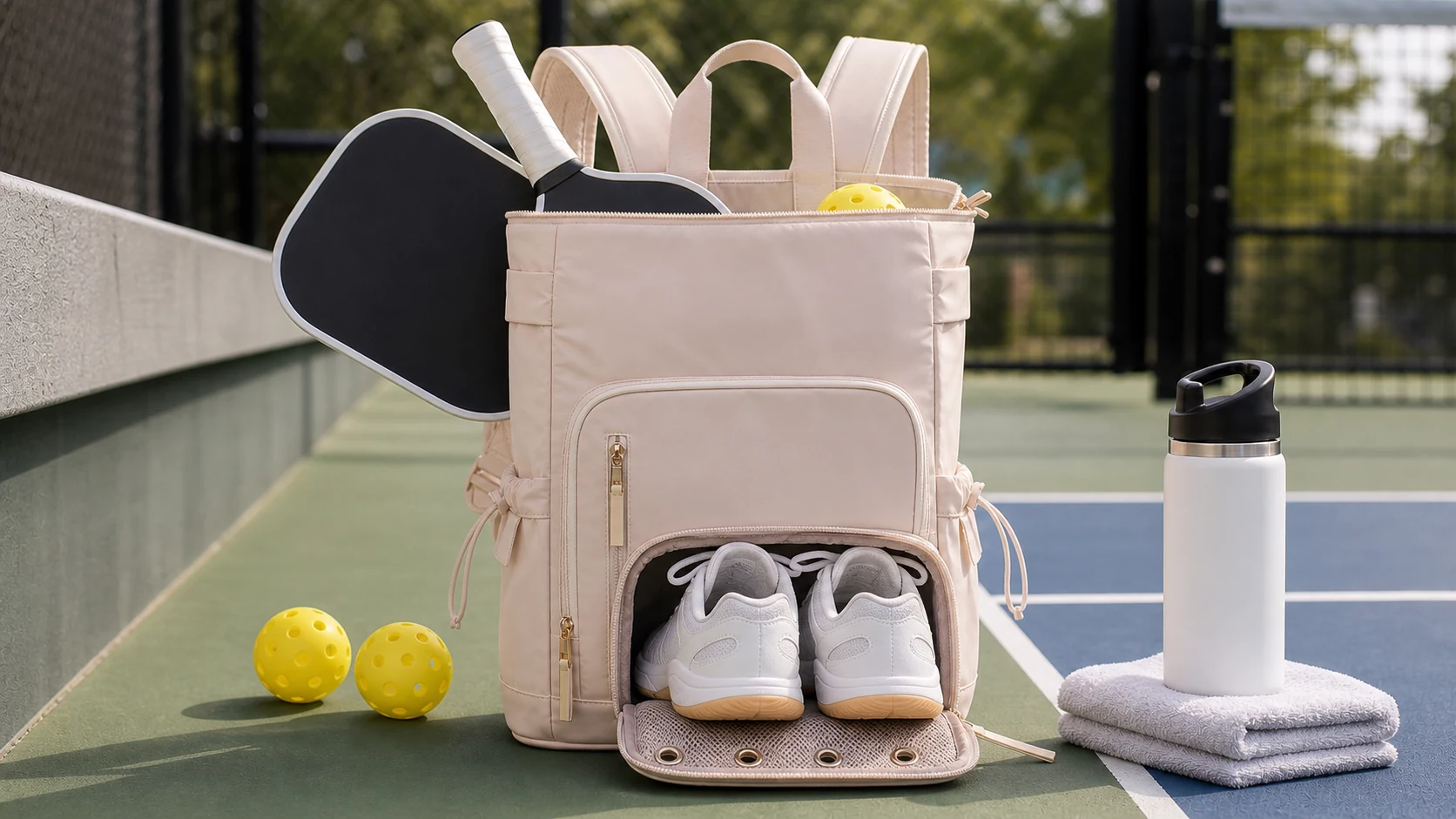 Women's pickleball bag with ventilated shoe compartment