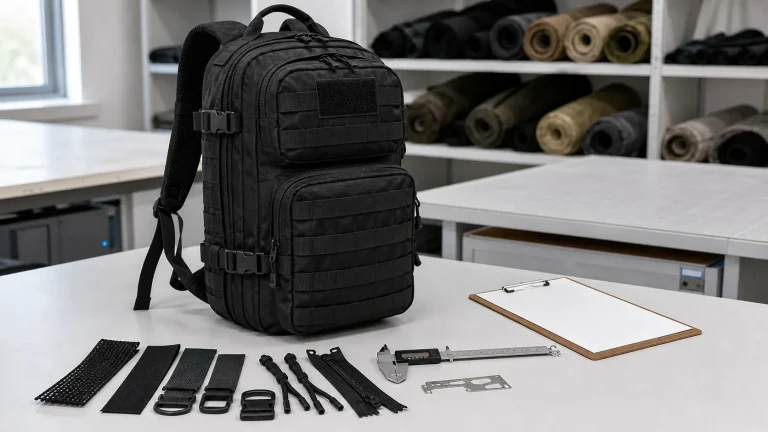 Tactical backpack sample and components arranged for procurement inspection