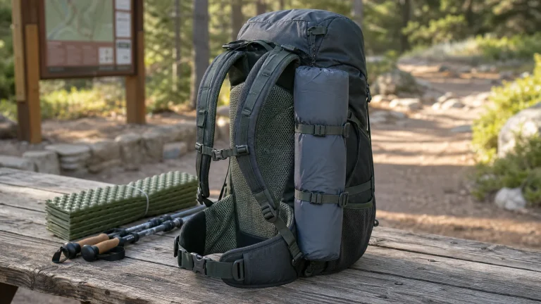 Outdoor backpack with lightweight gear secured using exterior loops