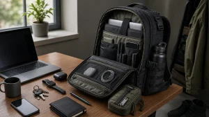 Tactical EDC backpack organized with daily carry essentials