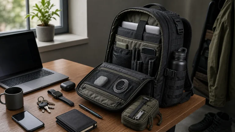 Tactical EDC backpack organized with daily carry essentials