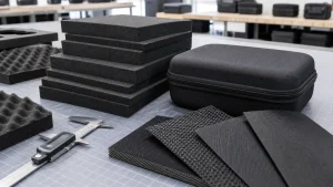EVA foam sheets, molded case shell, and fabric swatches on a factory sample table