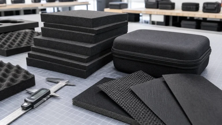 EVA foam sheets, molded case shell, and fabric swatches on a factory sample table
