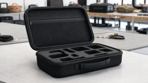 Open molded EVA protective case with foam inserts on a factory sample table