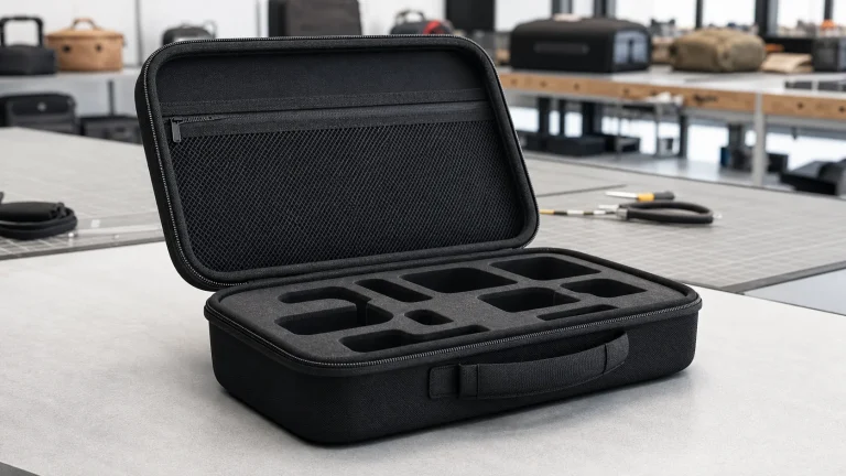 Open molded EVA protective case with foam inserts on a factory sample table