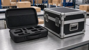 Molded EVA case beside an ATA-style flight case on a warehouse packing table