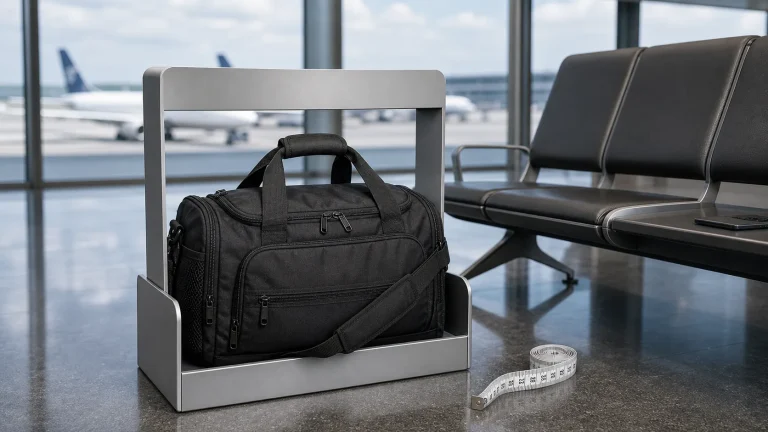 A packed soft gym duffel positioned inside an unbranded airport carry-on sizer