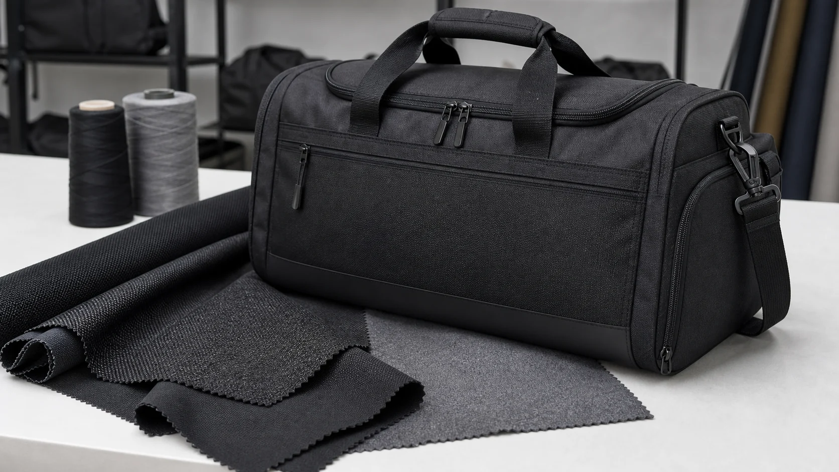 Durable gym bag materials with polyester nylon and RPET fabric swatches