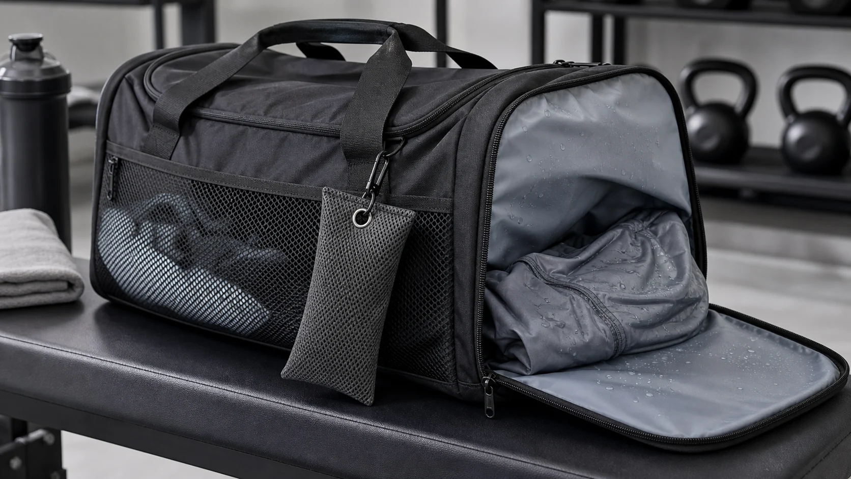 Gym bag odor control with charcoal pouch and wet clothes pocket