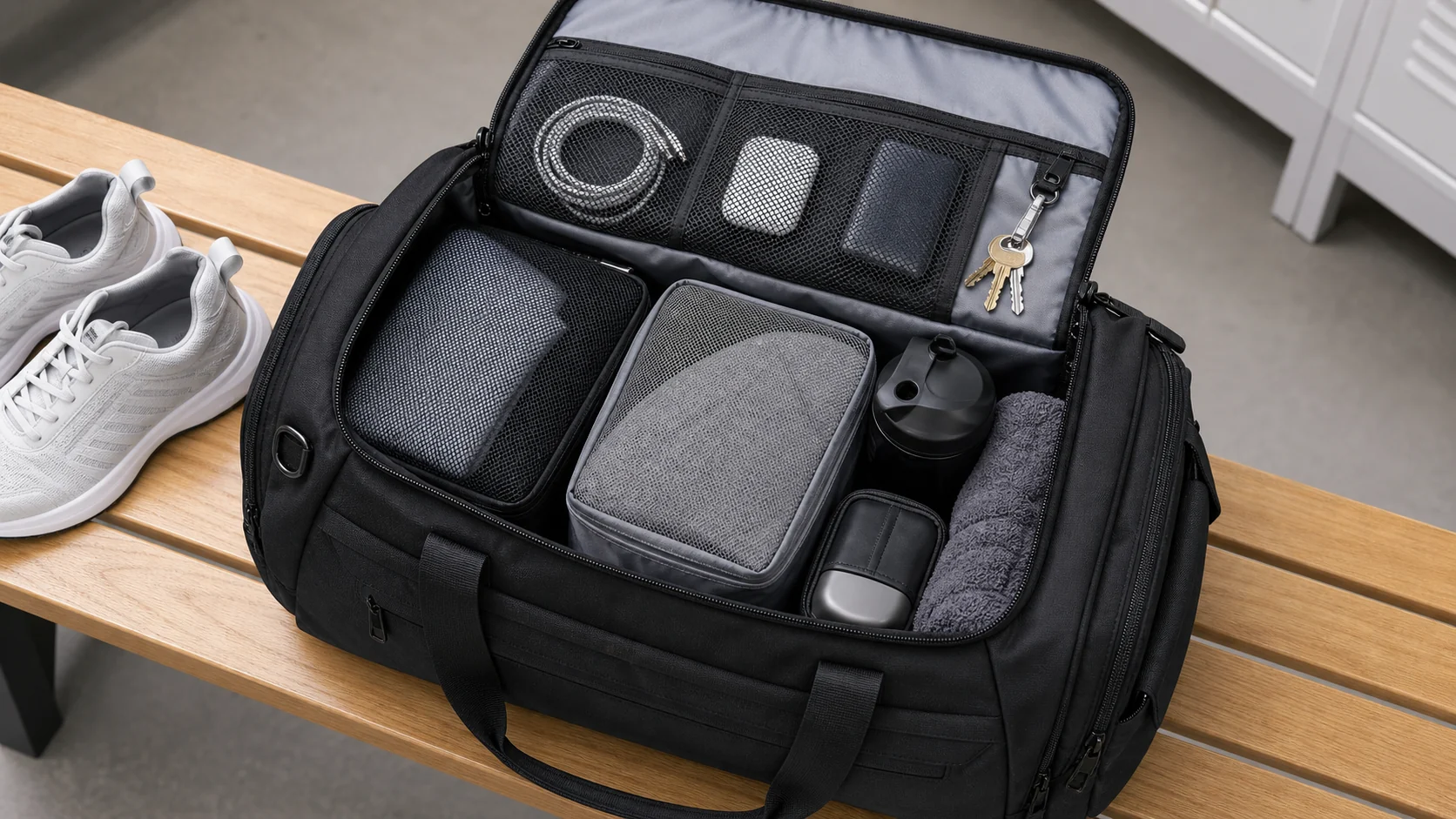 Organized gym bag compartments with packing cubes key clip and mesh pockets
