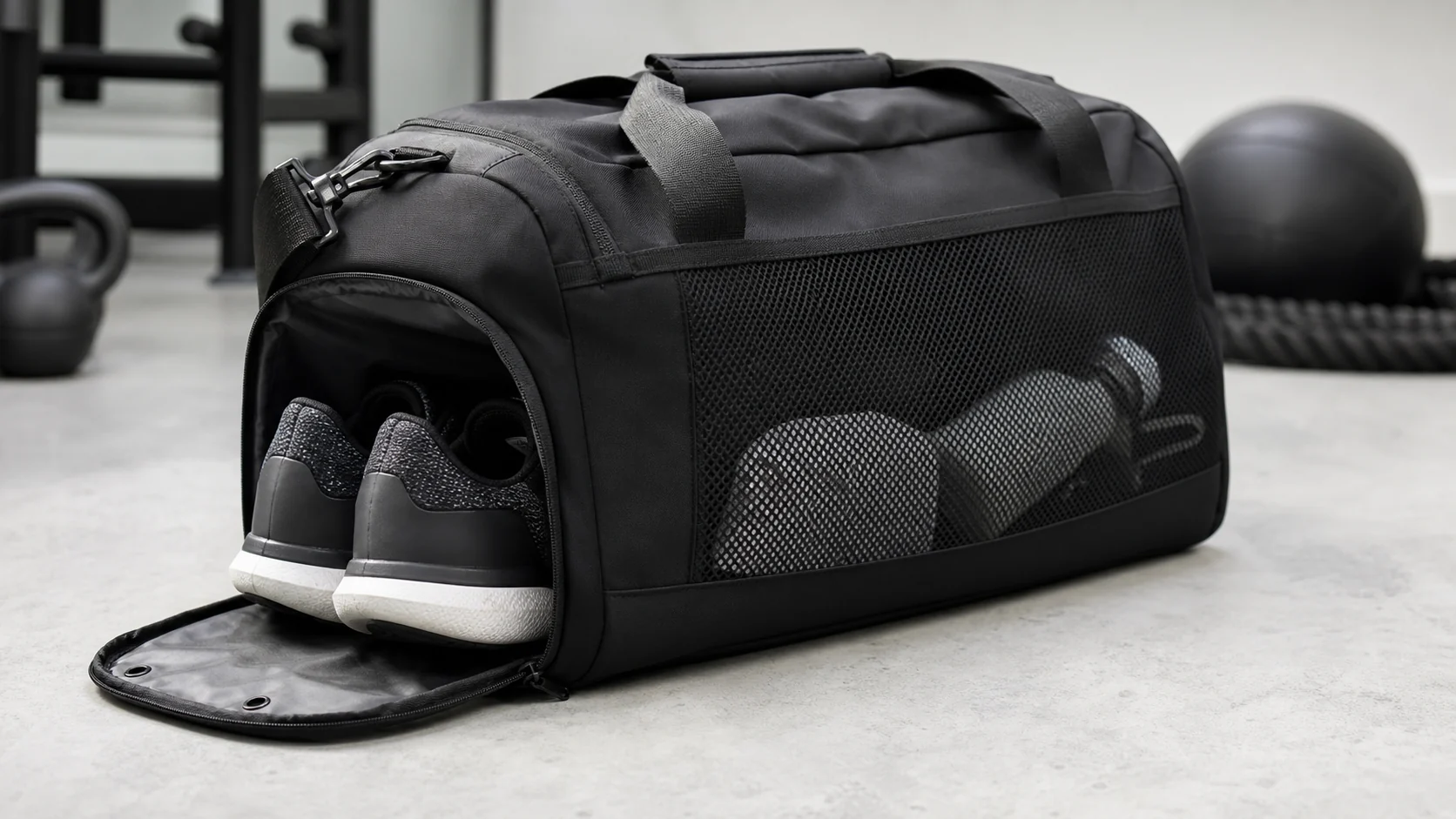 Gym bag shoe compartment with clean dirty separation and ventilated panel