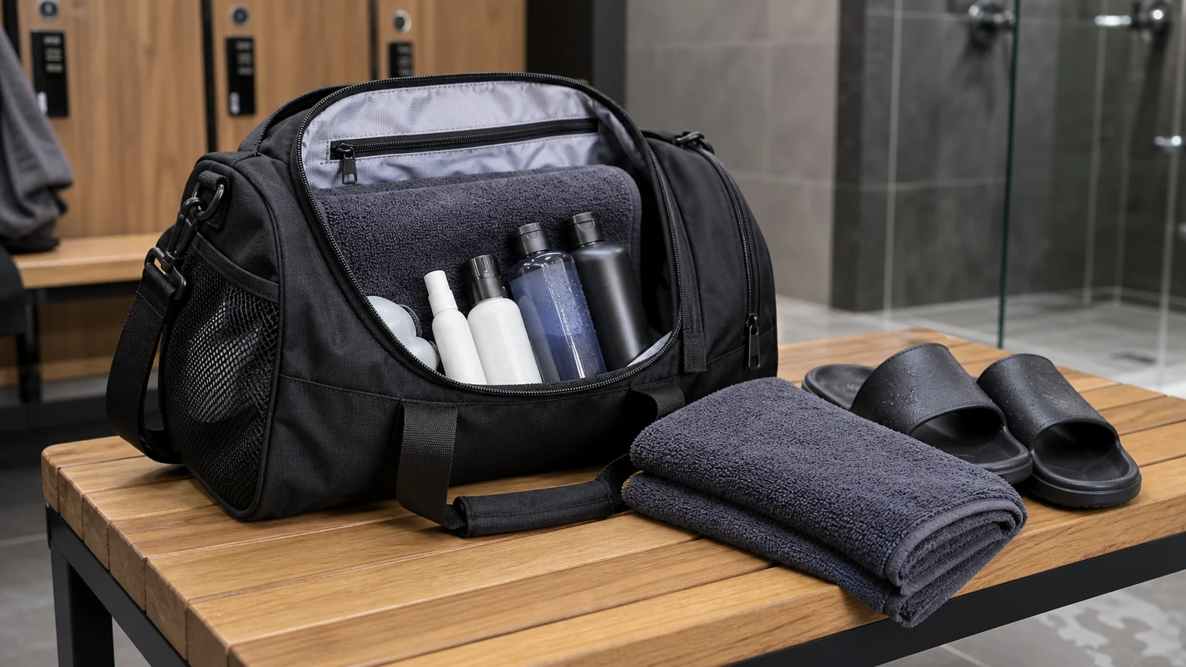 Gym bag shower hygiene kit with towel body wash and shower sandals