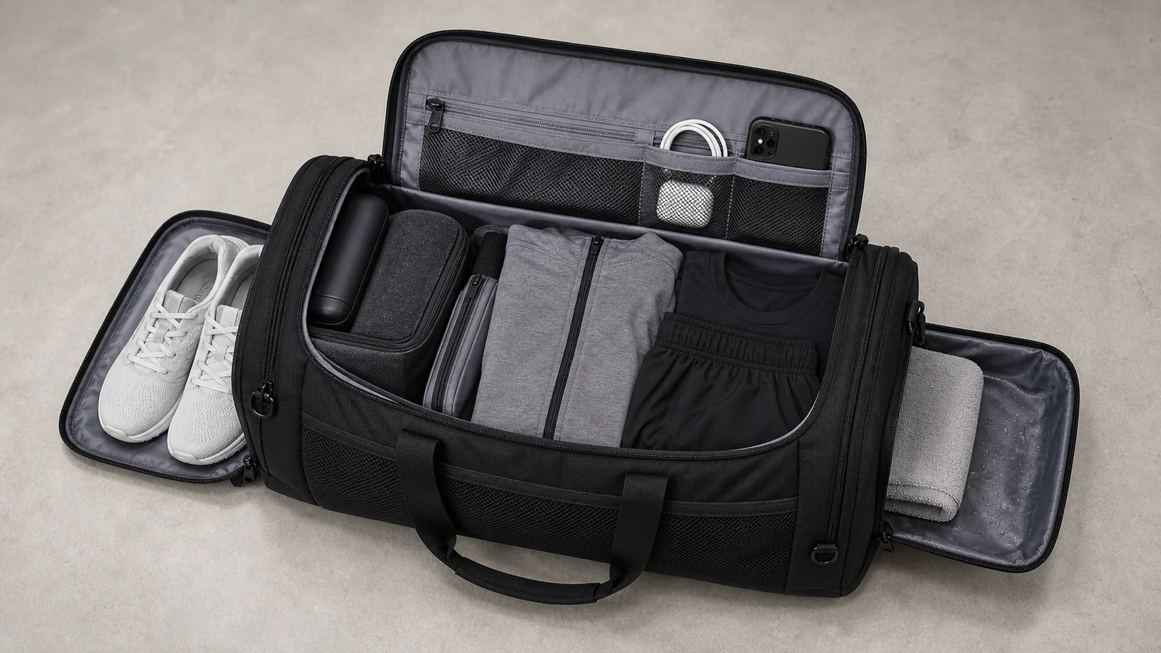 Gym bag compartments with shoe pocket wet dry divider and tech pocket