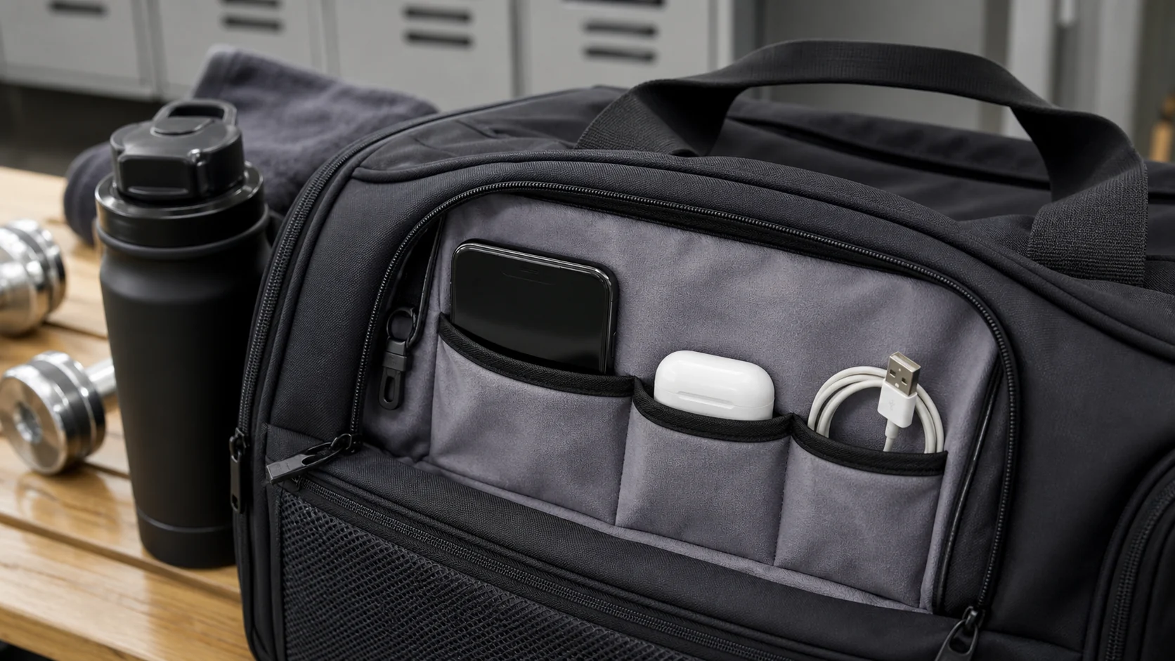 Gym bag tech pocket with earbuds cable and phone protected from moisture