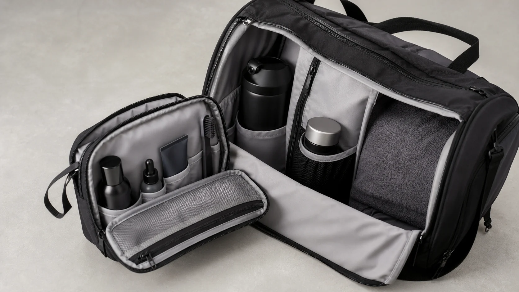Gym bag toiletry pouch with organized grooming items and clean lining