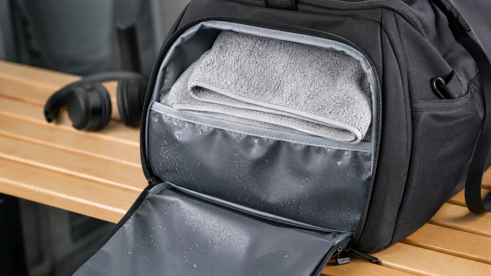 Gym bag towel storage with wet dry pocket and water resistant lining