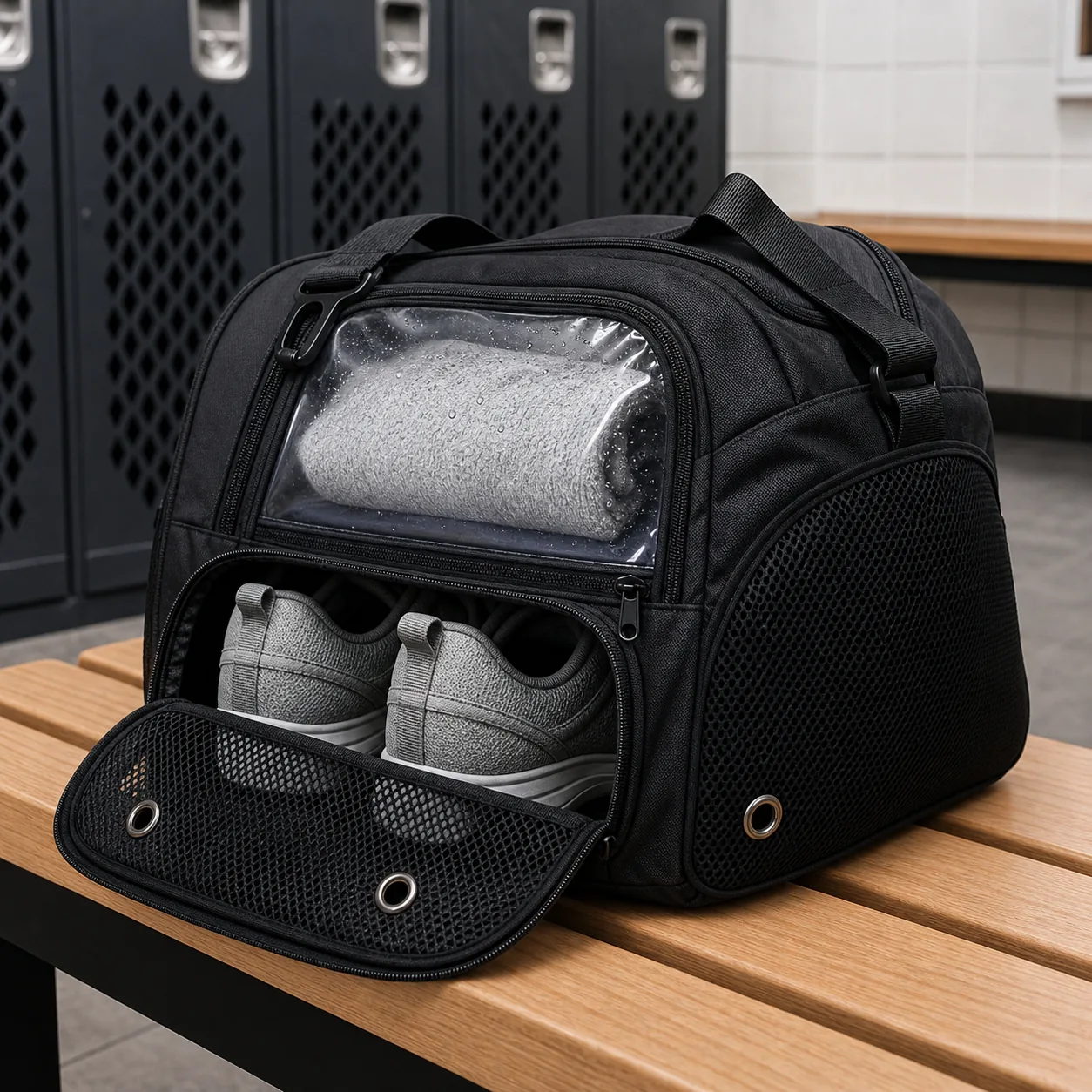Ventilated gym bag shoe compartment with mesh panels and wet dry pocket