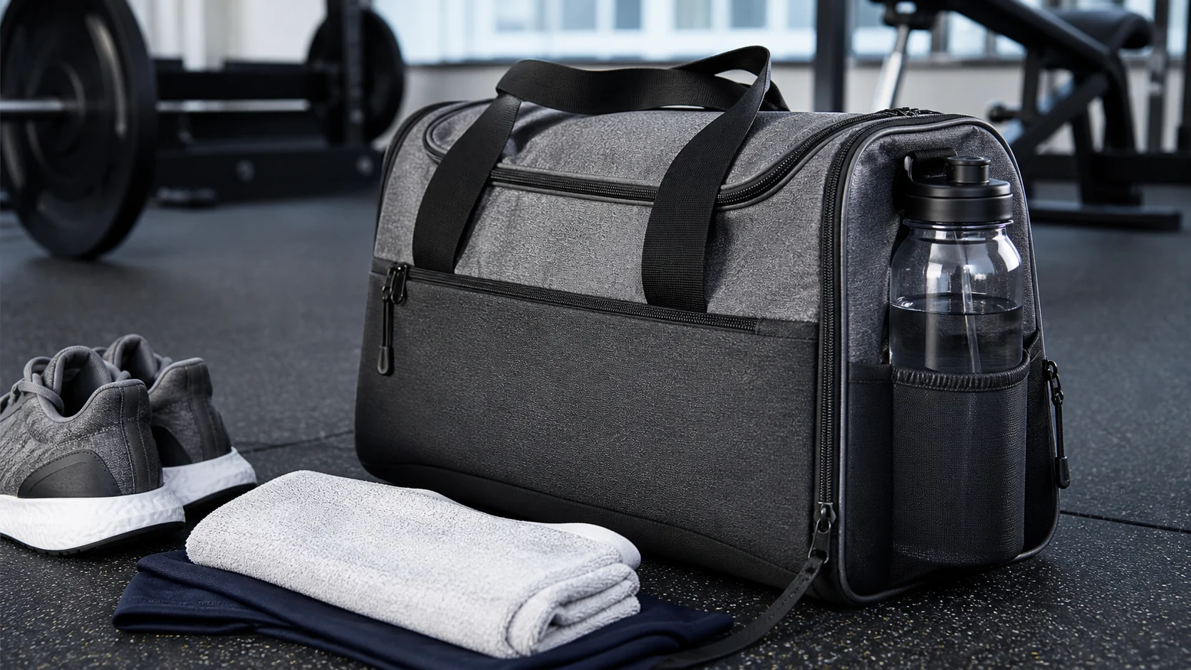 Gym bag water bottle side pocket with stable elastic and workout gear