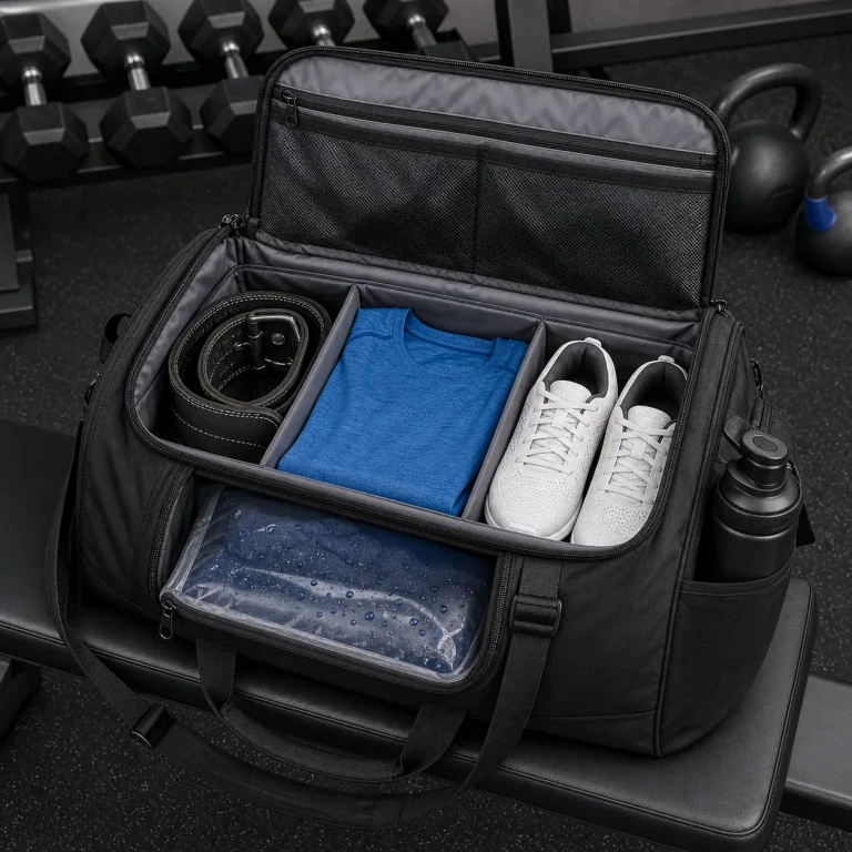 Gym bag organized by workout style with lifting swim and cardio gear
