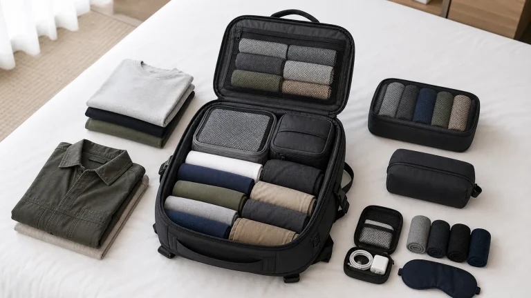 How to pack clothes in a backpack for travel with rolled clothing and organized packing zones