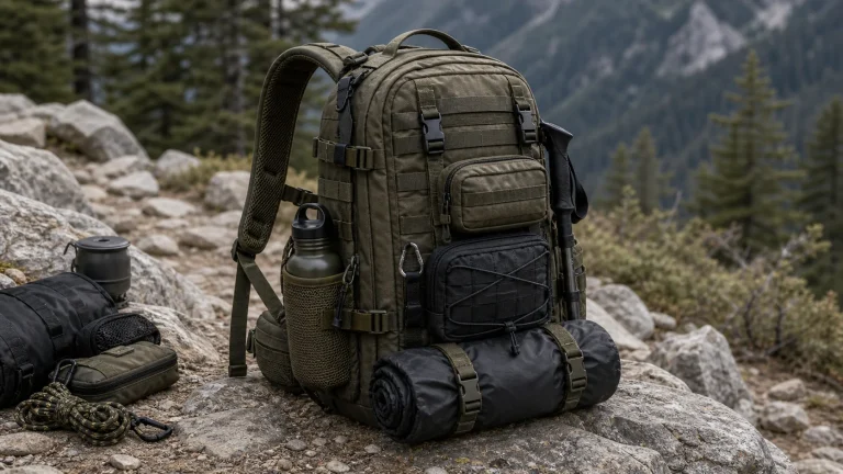 Tactical backpack organized for outdoor hiking and trail gear