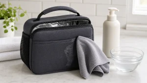 Neoprene lunch bag being cleaned gently with mild soap and a soft cloth
